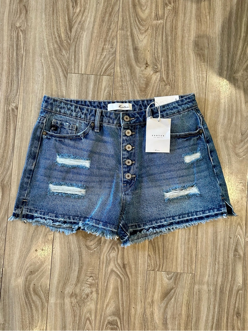 KanCan Button-Front Distressed Denim Shorts - Blue